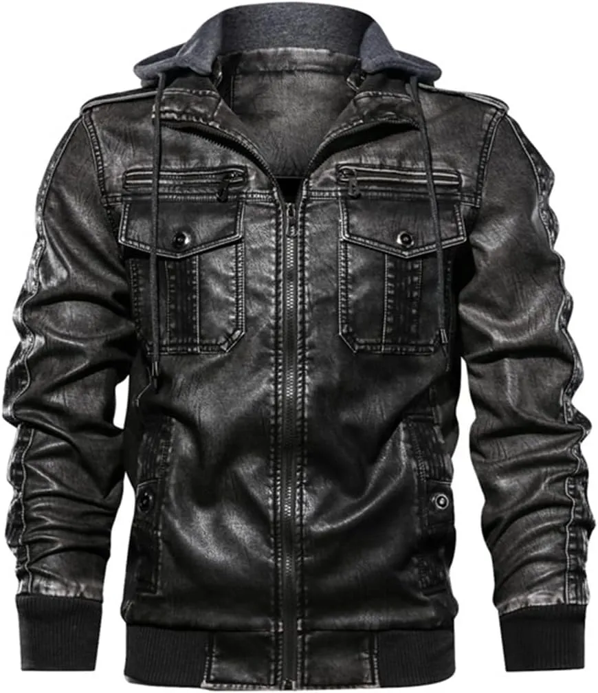 Men Hooded Leather Jacket Motorcycle PU Leather Coats Leather Jackets And Coats