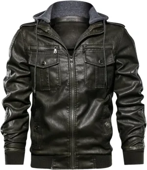Men Hooded Leather Jacket Motorcycle PU Leather Coats Leather Jackets And Coats