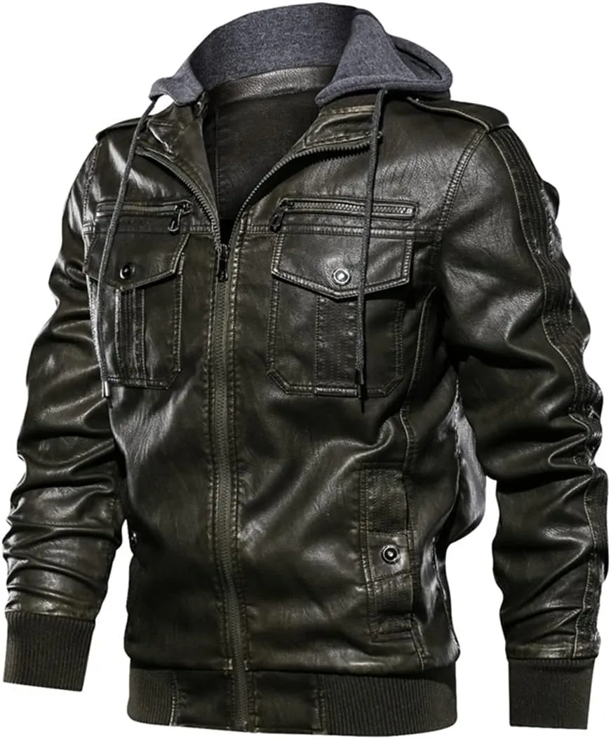 Men Hooded Leather Jacket Motorcycle PU Leather Coats Leather Jackets And Coats