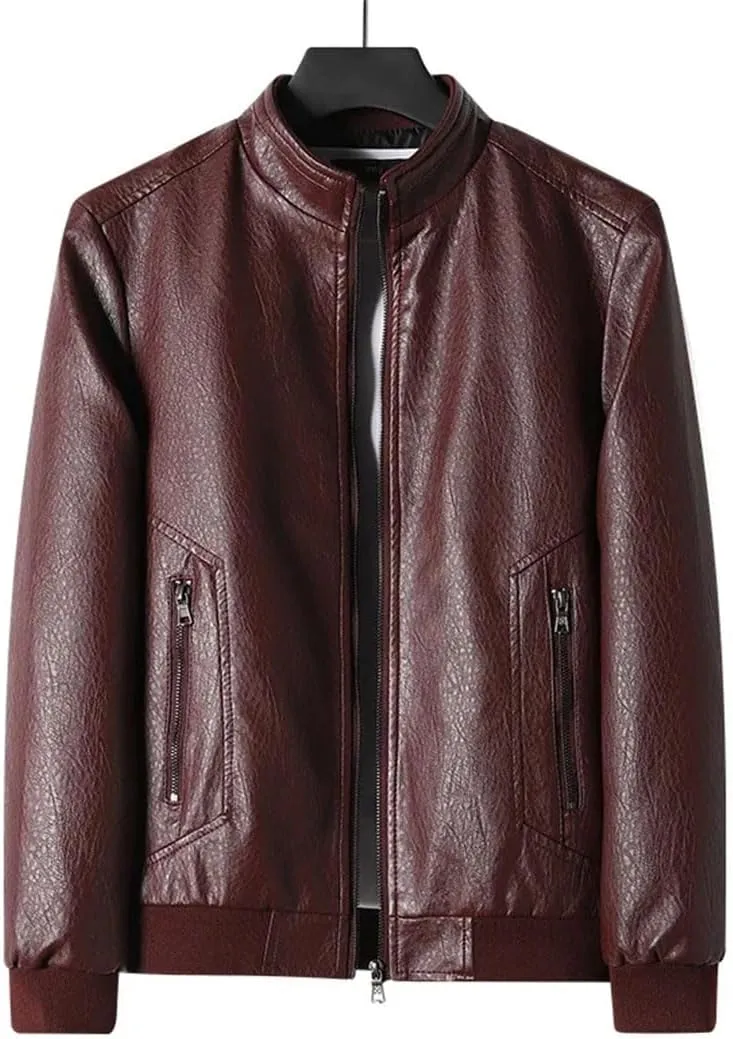 Men Leather Jacket Stand Collar Coat Leather Motorcycle Jackets Zipper Coat