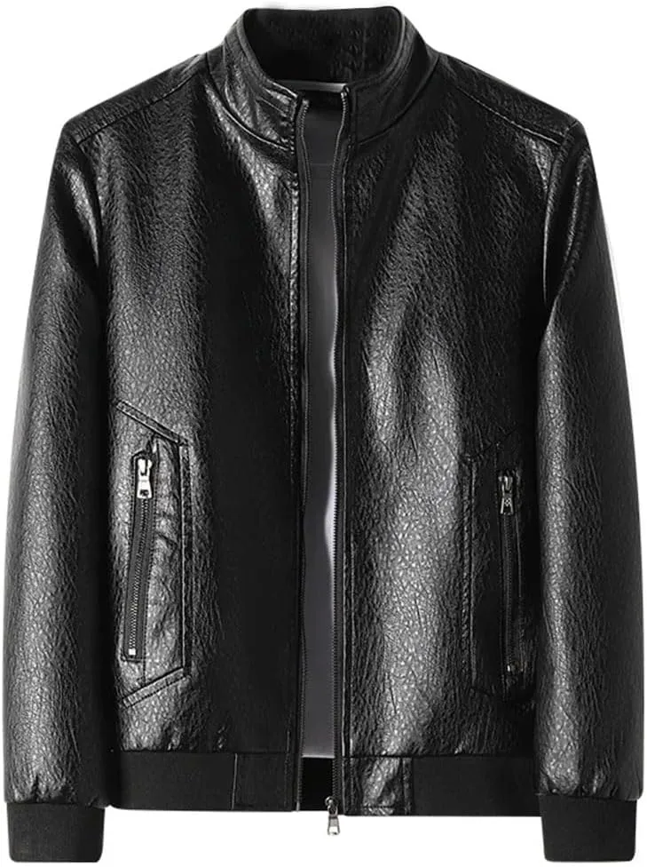 Men Leather Jacket Stand Collar Coat Leather Motorcycle Jackets Zipper Coat