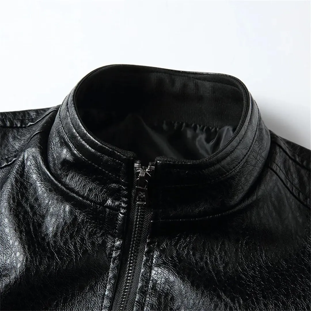 Men Leather Jacket Stand Collar Coat Leather Motorcycle Jackets Zipper Coat