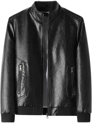 Men Leather Jacket Stand Collar Coat Leather Motorcycle Jackets Zipper Coat
