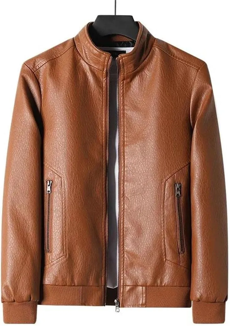 Men Leather Jacket Stand Collar Coat Leather Motorcycle Jackets Zipper Coat