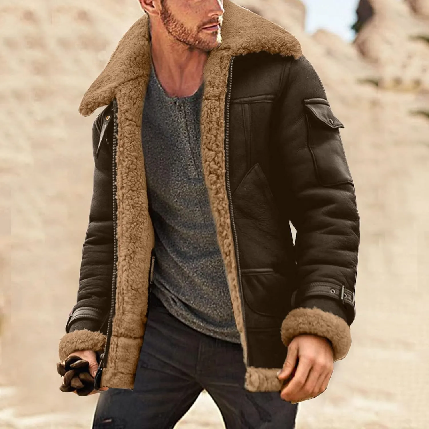 Mens 2024 Winter Trendy Faux Leather Jackets Heavyweight Suede Faux Fur Bomber Jackets Winter Coats Cozy Sherpa
