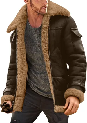 Mens 2024 Winter Trendy Faux Leather Jackets Heavyweight Suede Faux Fur Bomber Jackets Winter Coats Cozy Sherpa