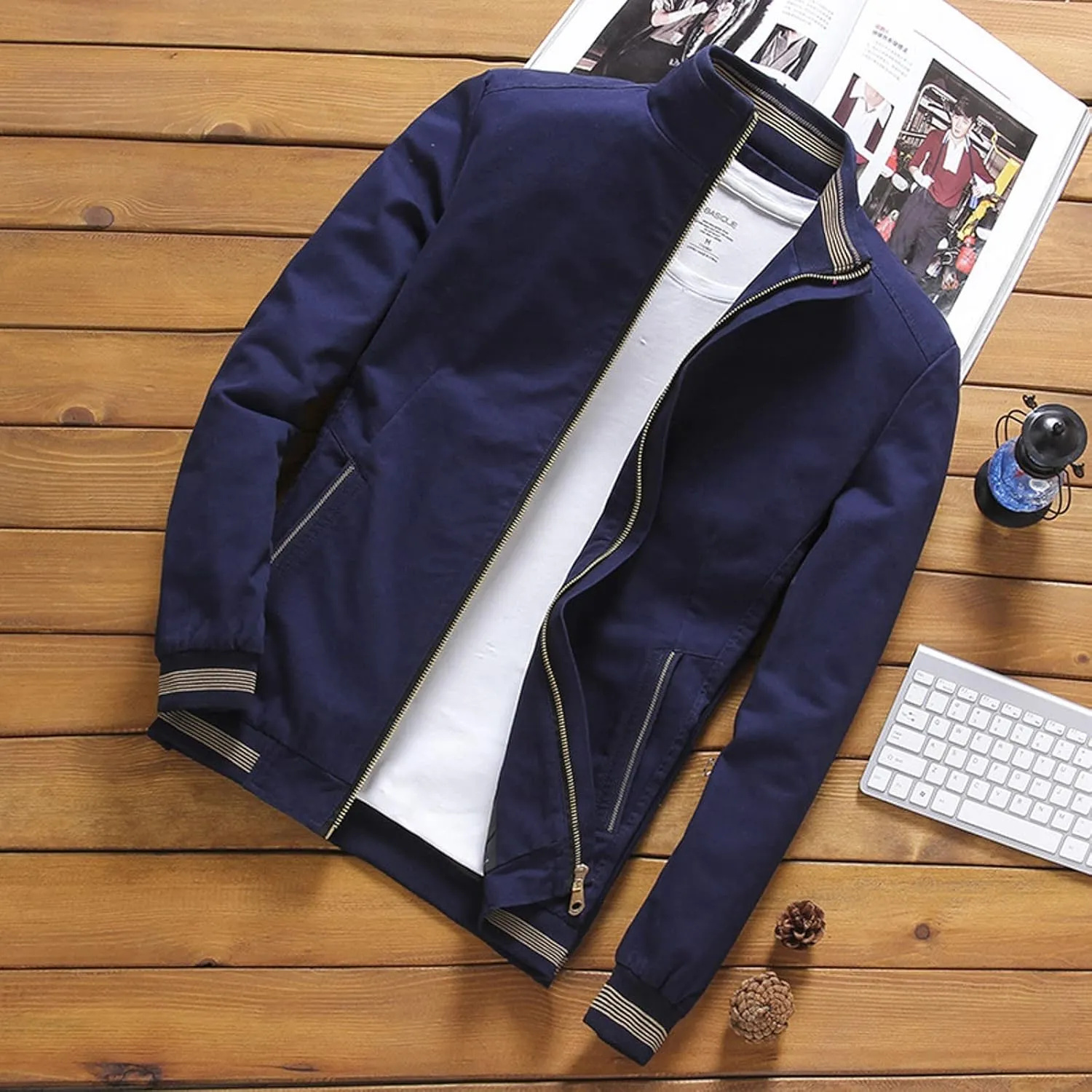 Mens Casual Jackets with Elastic Hem Banded Collar Jackets Big and Tall Bomber Jackets Windproof Jackets for Sports