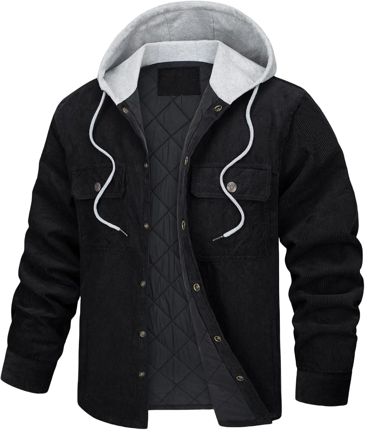 Mens Corduroy Cotton Padded Jacket Drawstring Hooded Long Sleeve Thickened Warm Single Breasted Jacket with Pockets