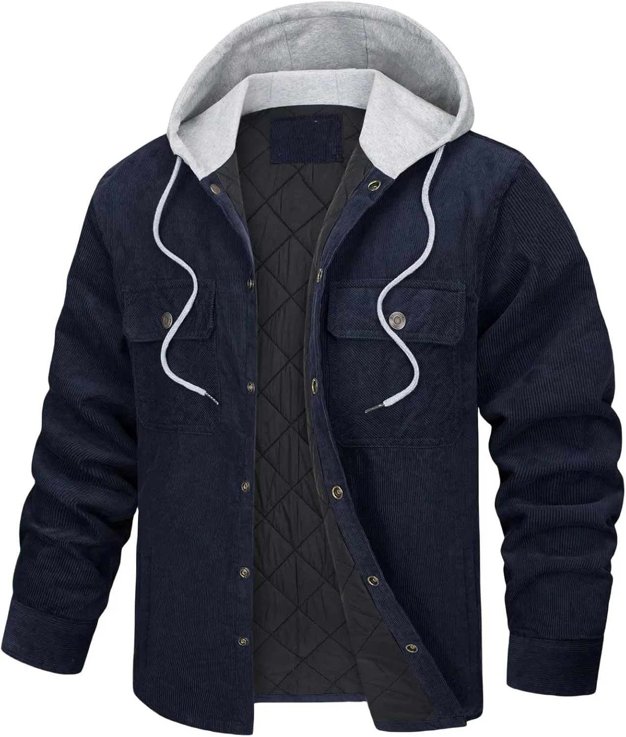 Mens Corduroy Cotton Padded Jacket Drawstring Hooded Long Sleeve Thickened Warm Single Breasted Jacket with Pockets