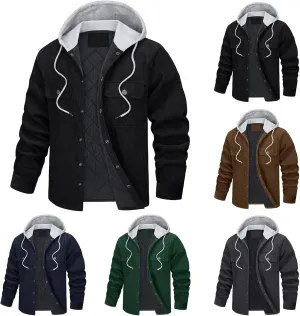 Mens Corduroy Cotton Padded Jacket Drawstring Hooded Long Sleeve Thickened Warm Single Breasted Jacket with Pockets