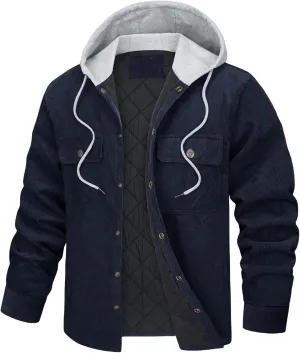 Mens Corduroy Cotton Padded Jacket Drawstring Hooded Long Sleeve Thickened Warm Single Breasted Jacket with Pockets