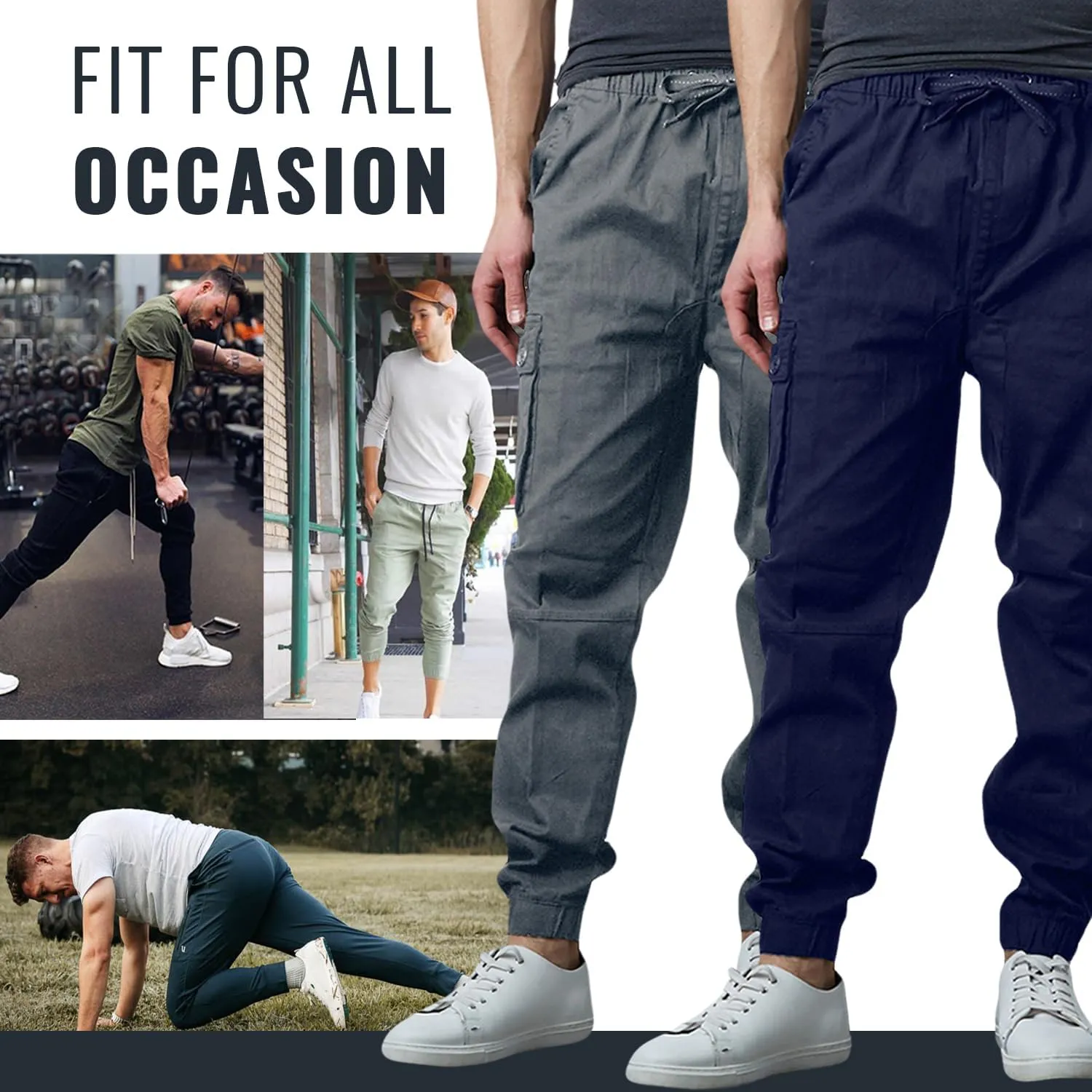 Men's Cotton Twill Cargo Joggers, Multi Pocket, Drawstring Joggers Stretch Pant for Casual, Lounging and Outdoor, 2 Pack