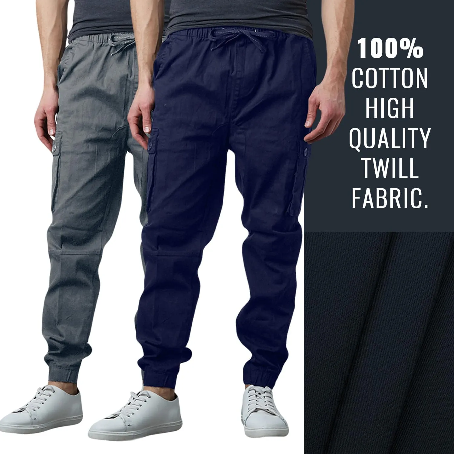 Men's Cotton Twill Cargo Joggers, Multi Pocket, Drawstring Joggers Stretch Pant for Casual, Lounging and Outdoor, 2 Pack