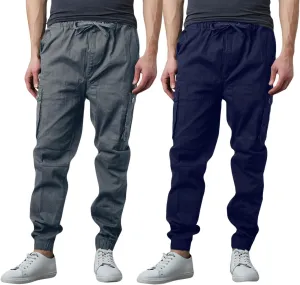 Men's Cotton Twill Cargo Joggers, Multi Pocket, Drawstring Joggers Stretch Pant for Casual, Lounging and Outdoor, 2 Pack