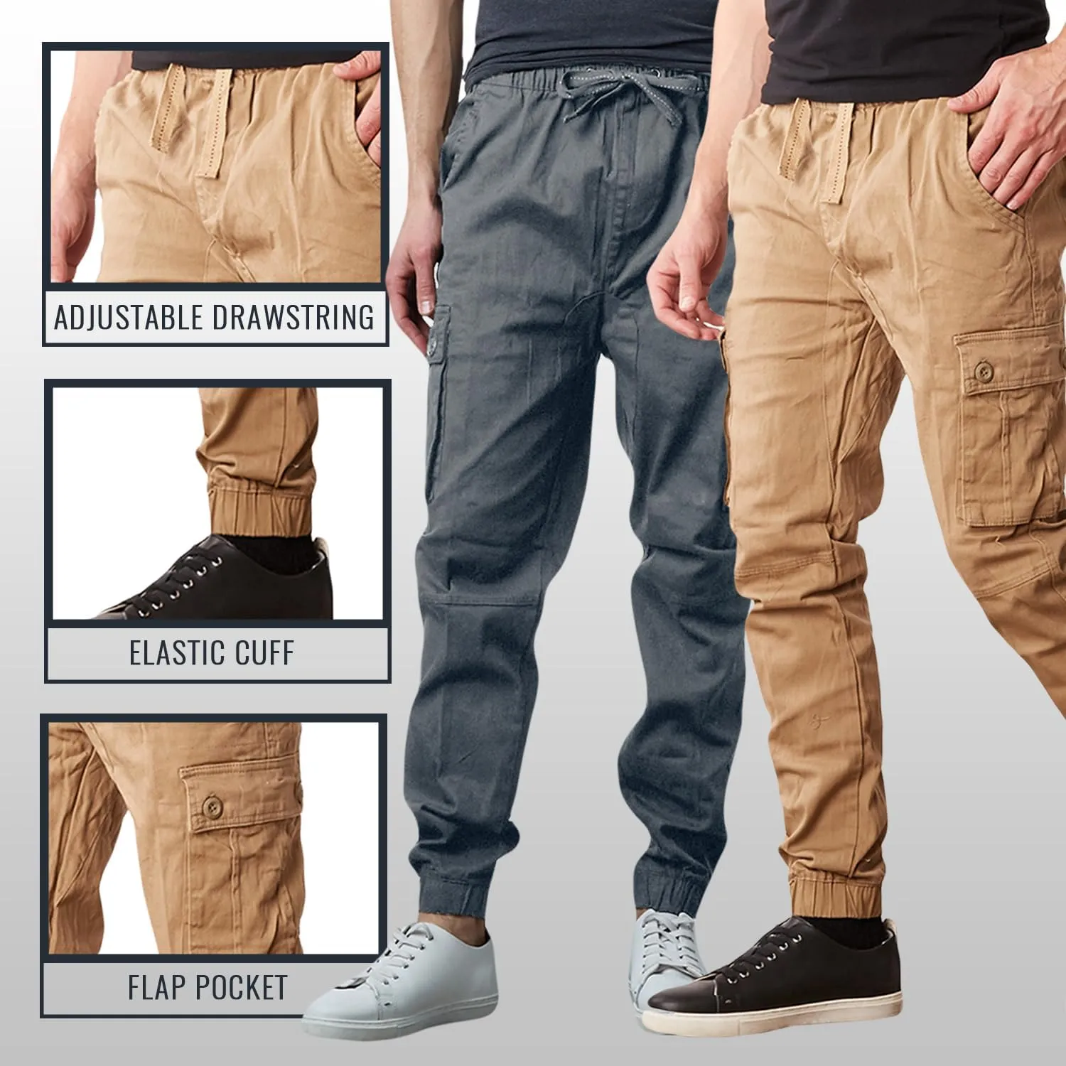 Men's Cotton Twill Cargo Joggers, Multi Pocket, Drawstring Joggers Stretch Pant for Casual, Lounging and Outdoor, 2 Pack