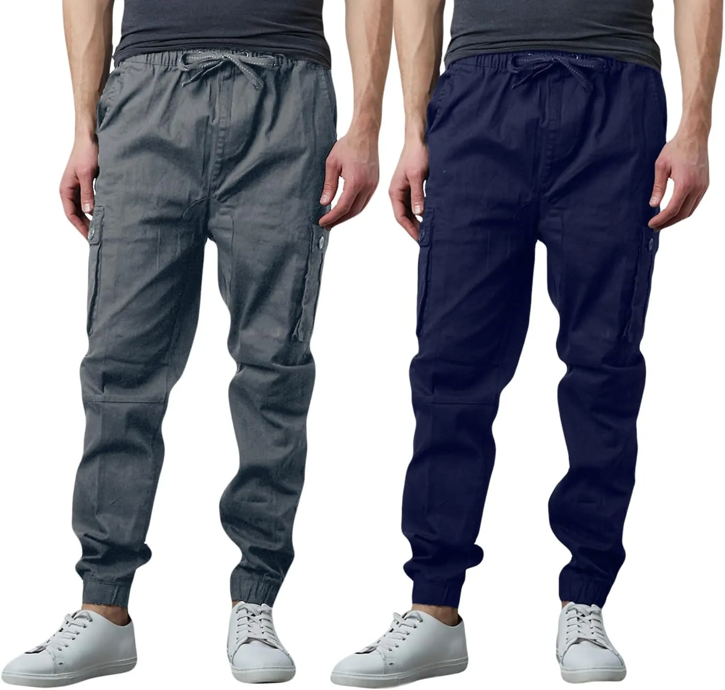Men's Cotton Twill Cargo Joggers, Multi Pocket, Drawstring Joggers Stretch Pant for Casual, Lounging and Outdoor, 2 Pack
