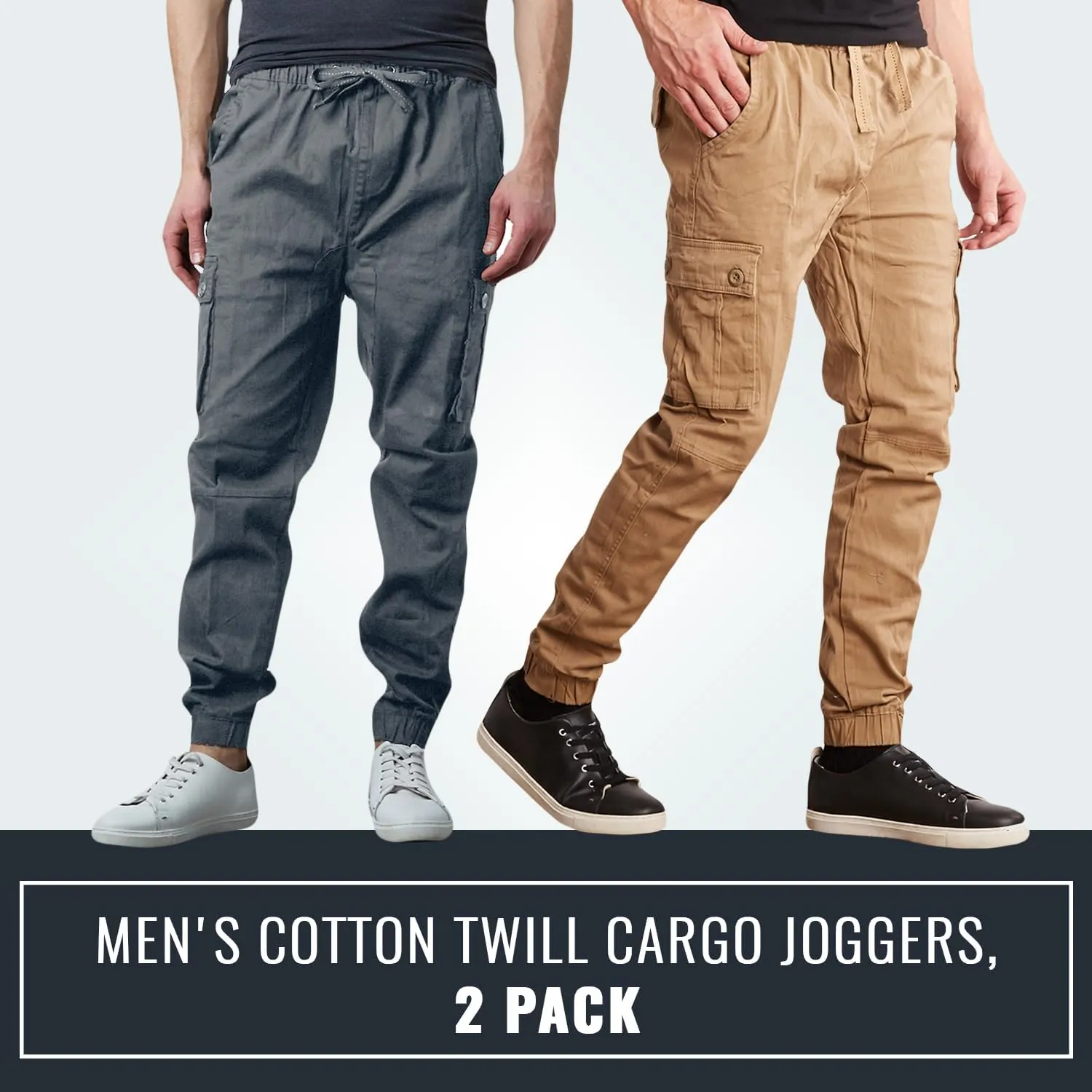 Men's Cotton Twill Cargo Joggers, Multi Pocket, Drawstring Joggers Stretch Pant for Casual, Lounging and Outdoor, 2 Pack