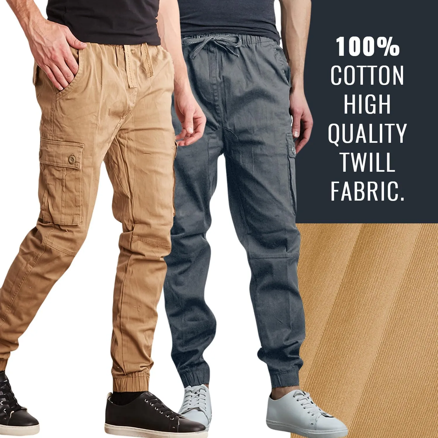 Men's Cotton Twill Cargo Joggers, Multi Pocket, Drawstring Joggers Stretch Pant for Casual, Lounging and Outdoor, 2 Pack