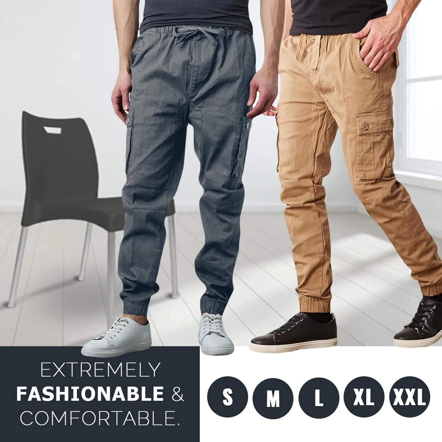 Men's Cotton Twill Cargo Joggers, Multi Pocket, Drawstring Joggers Stretch Pant for Casual, Lounging and Outdoor, 2 Pack