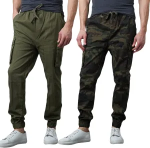 Men's Cotton Twill Cargo Joggers, Multi Pocket, Drawstring Joggers Stretch Pant for Casual, Lounging and Outdoor, 2 Pack