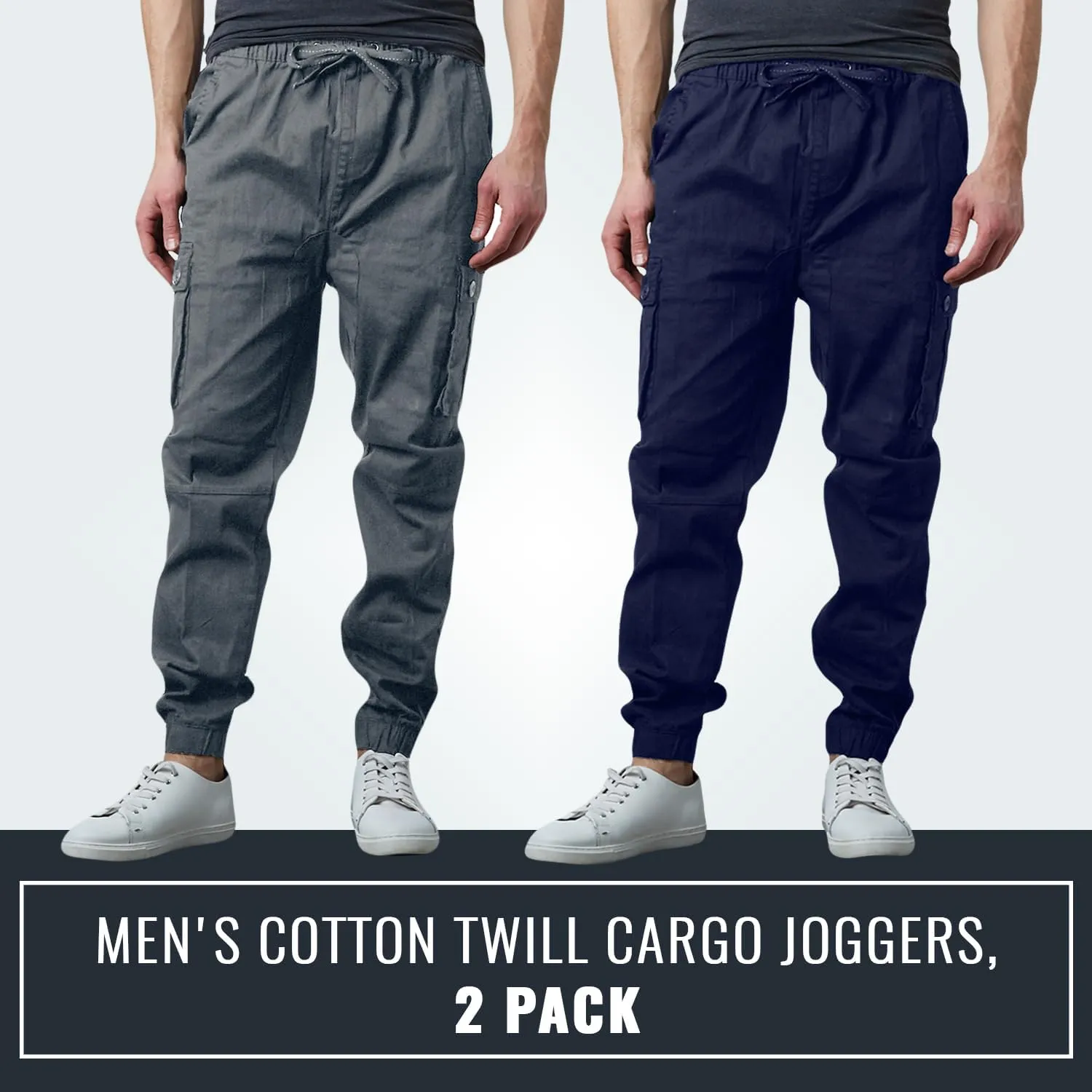 Men's Cotton Twill Cargo Joggers, Multi Pocket, Drawstring Joggers Stretch Pant for Casual, Lounging and Outdoor, 2 Pack