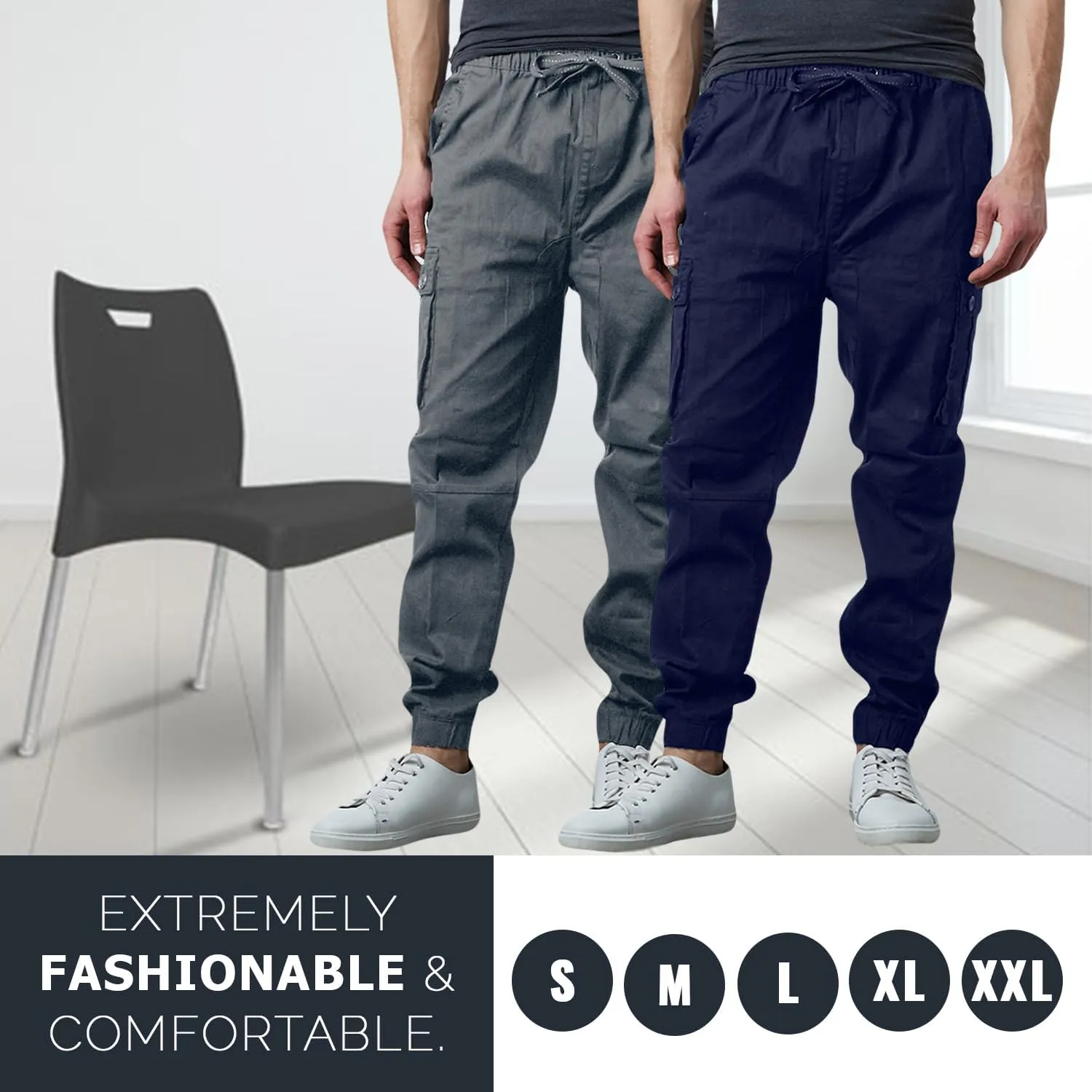 Men's Cotton Twill Cargo Joggers, Multi Pocket, Drawstring Joggers Stretch Pant for Casual, Lounging and Outdoor, 2 Pack