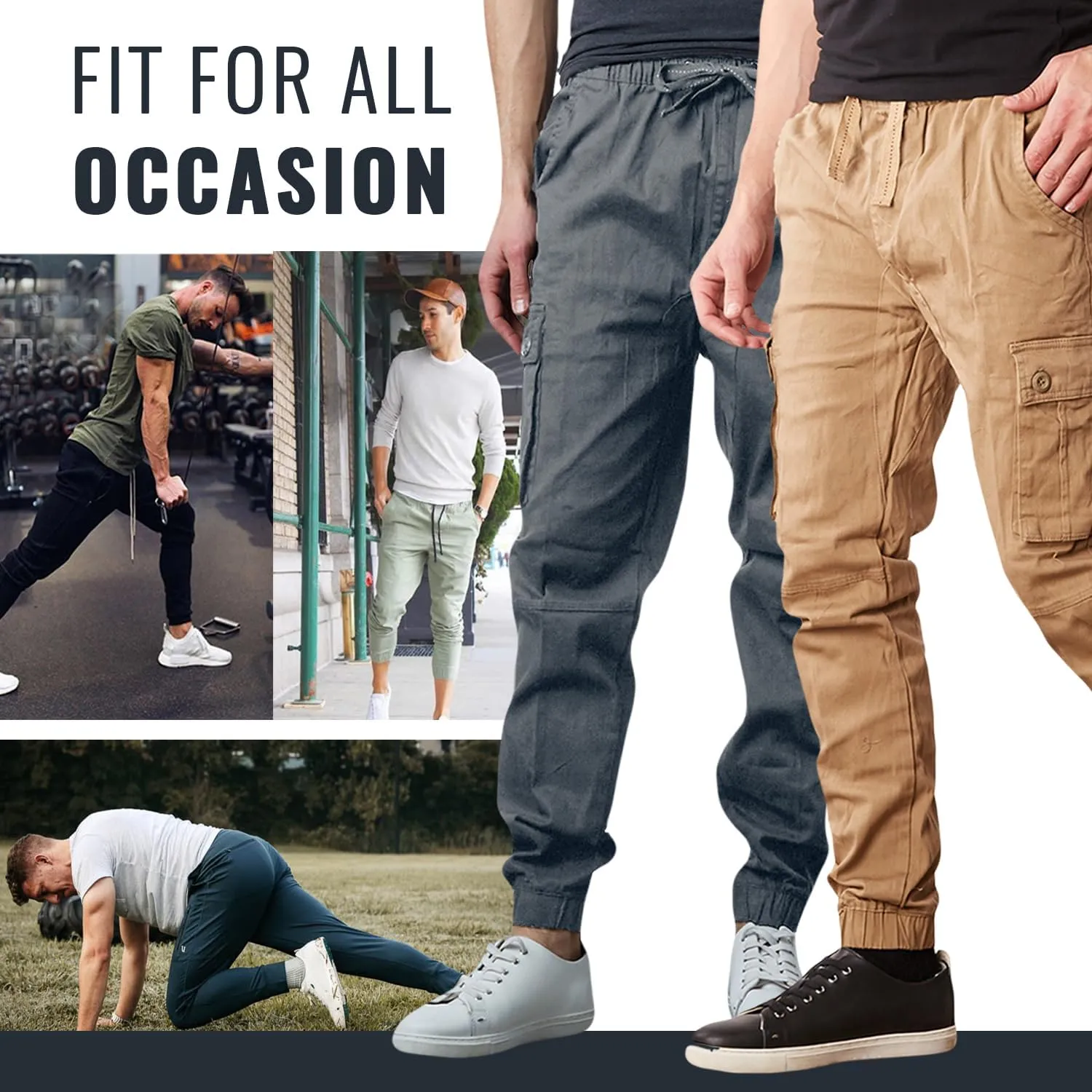 Men's Cotton Twill Cargo Joggers, Multi Pocket, Drawstring Joggers Stretch Pant for Casual, Lounging and Outdoor, 2 Pack