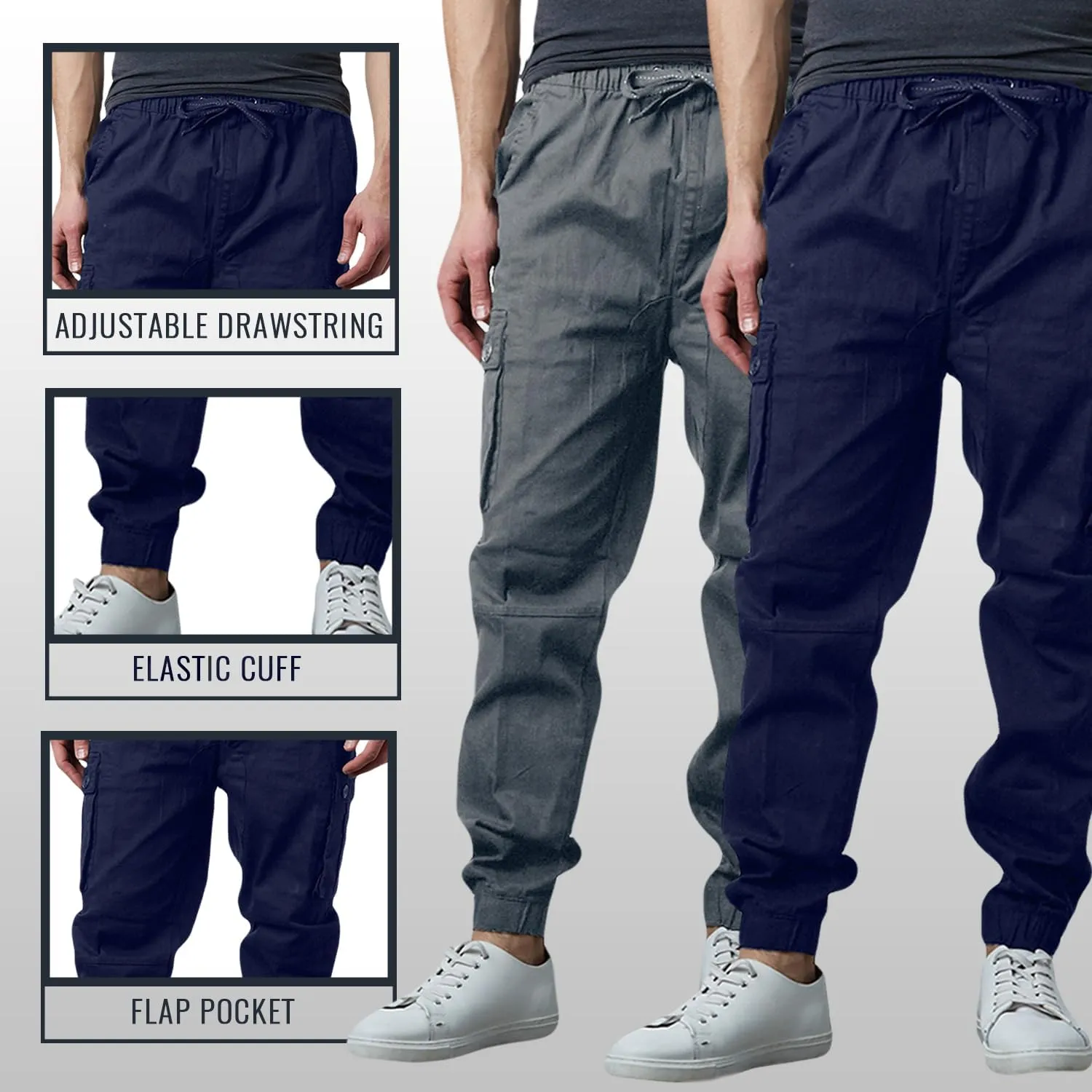 Men's Cotton Twill Cargo Joggers, Multi Pocket, Drawstring Joggers Stretch Pant for Casual, Lounging and Outdoor, 2 Pack