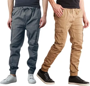 Men's Cotton Twill Cargo Joggers, Multi Pocket, Drawstring Joggers Stretch Pant for Casual, Lounging and Outdoor, 2 Pack