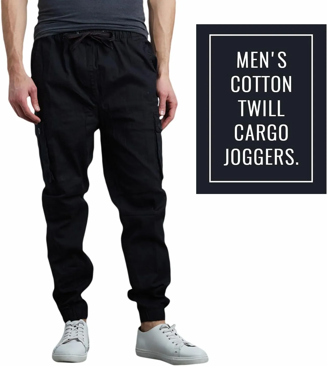 Men's Cotton Twill Cargo Joggers, Multi Pocket, Drawstring Joggers Stretch Pant for Casual, Lounging and Outdoor