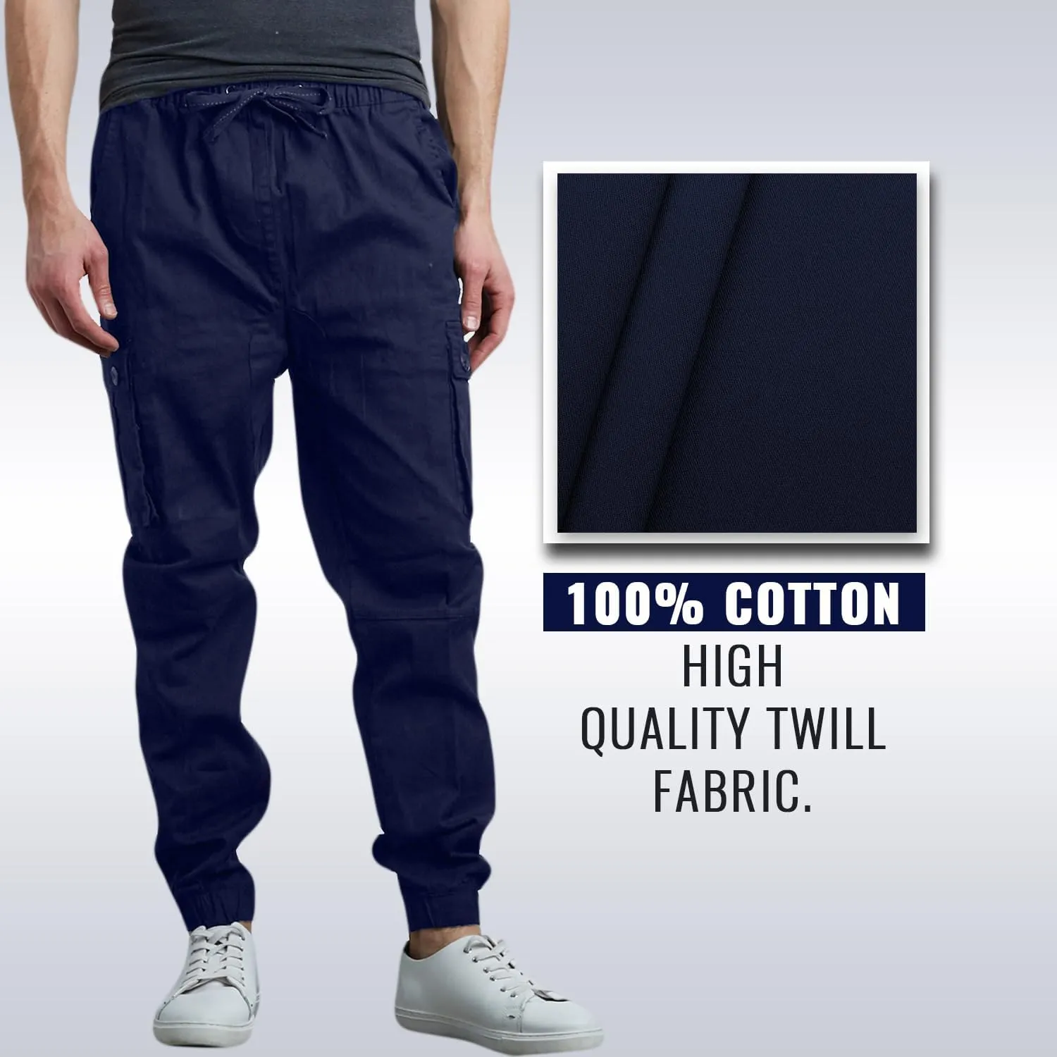 Men's Cotton Twill Cargo Joggers, Multi Pocket, Drawstring Joggers Stretch Pant for Casual, Lounging and Outdoor