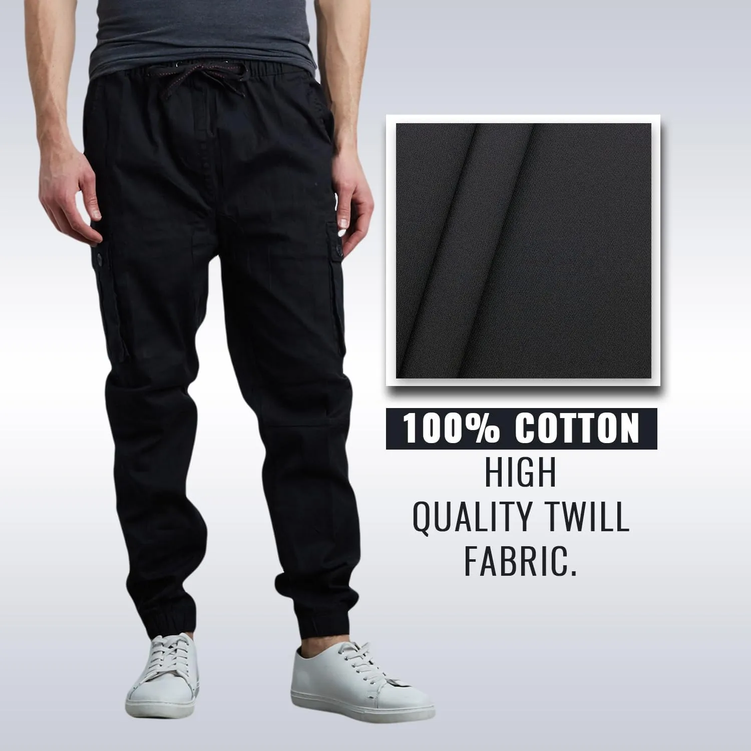 Men's Cotton Twill Cargo Joggers, Multi Pocket, Drawstring Joggers Stretch Pant for Casual, Lounging and Outdoor