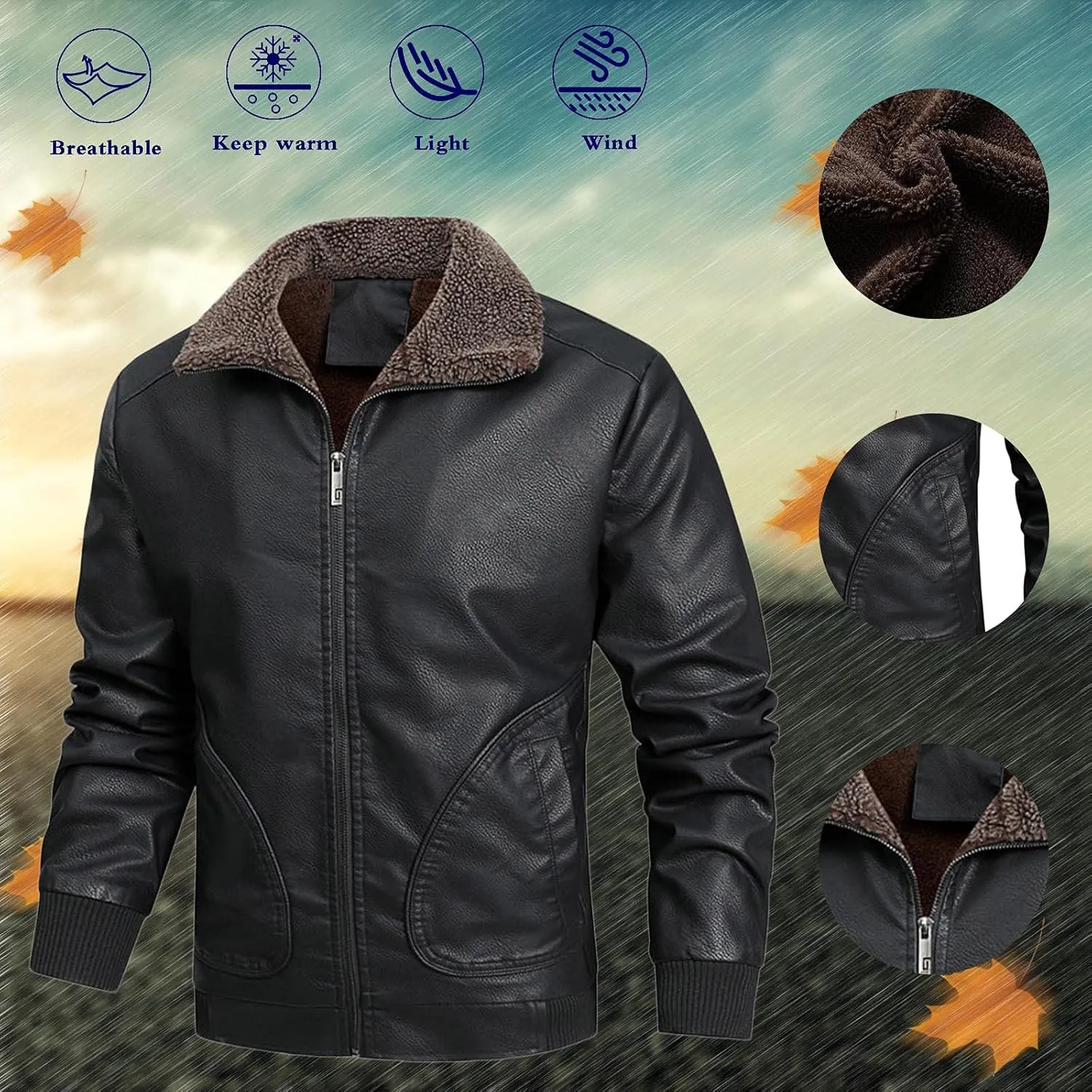 Mens Faux Leather Jacket, Men's Leather Jacket-Fall Winter Vintage Waterproof Motorcycle Faux Leather Jacket with Hood
