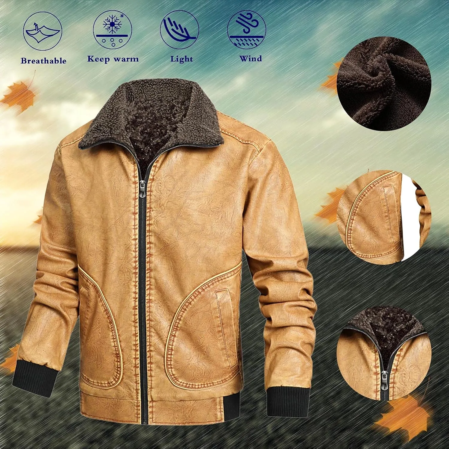 Mens Faux Leather Jacket, Men's Leather Jacket-Fall Winter Vintage Waterproof Motorcycle Faux Leather Jacket with Hood