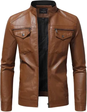 Mens Faux Leather Jacket, Men's Stand Collar Leather Jacket Waterproof Motorcycle Lightweight Faux Leather Jackets