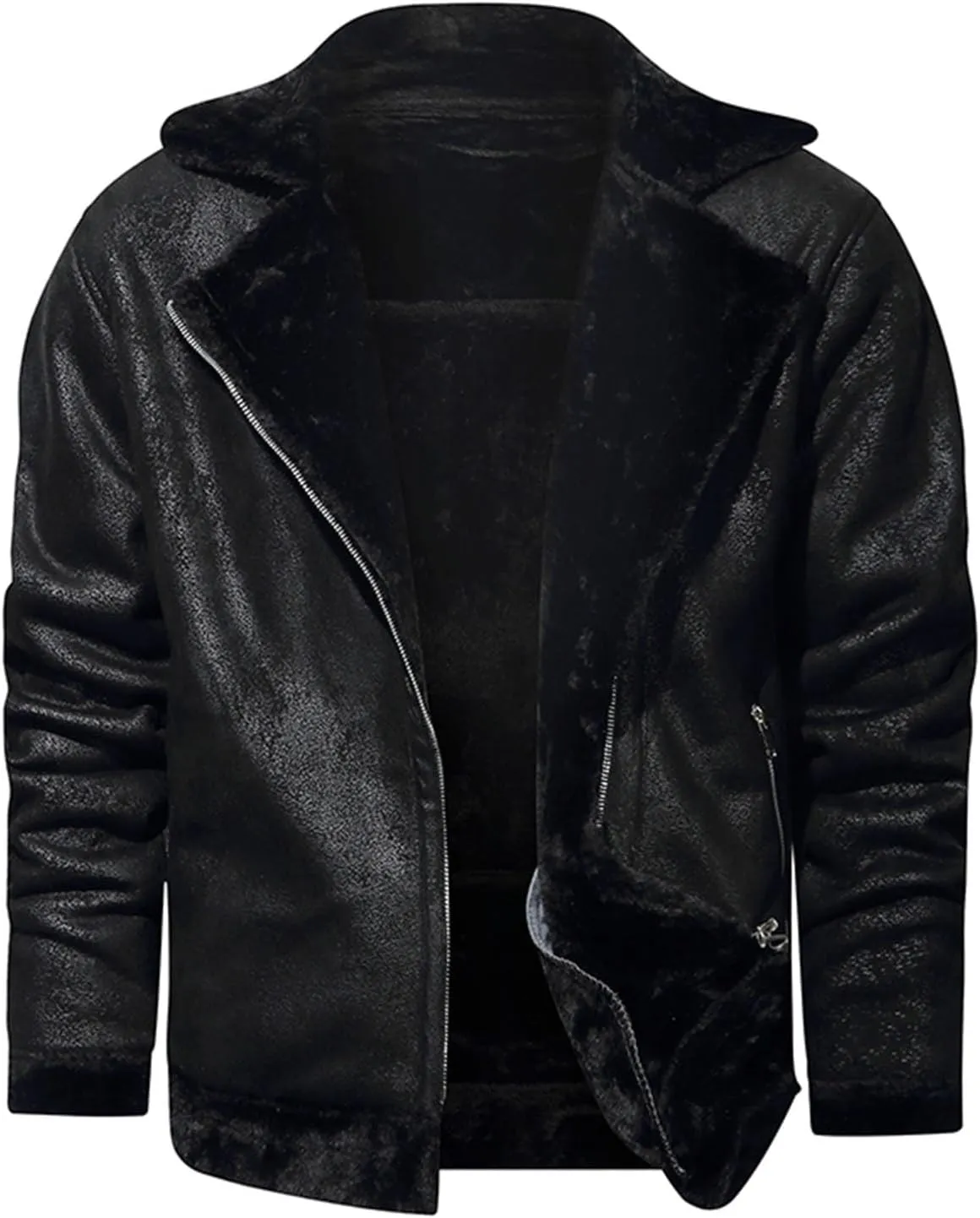 Men's Faux Leather Sherpa Bomber Jacket Lapel Fleece Lined Faux Leather Motorcycle Jackets Casual Warm Winter Coat
