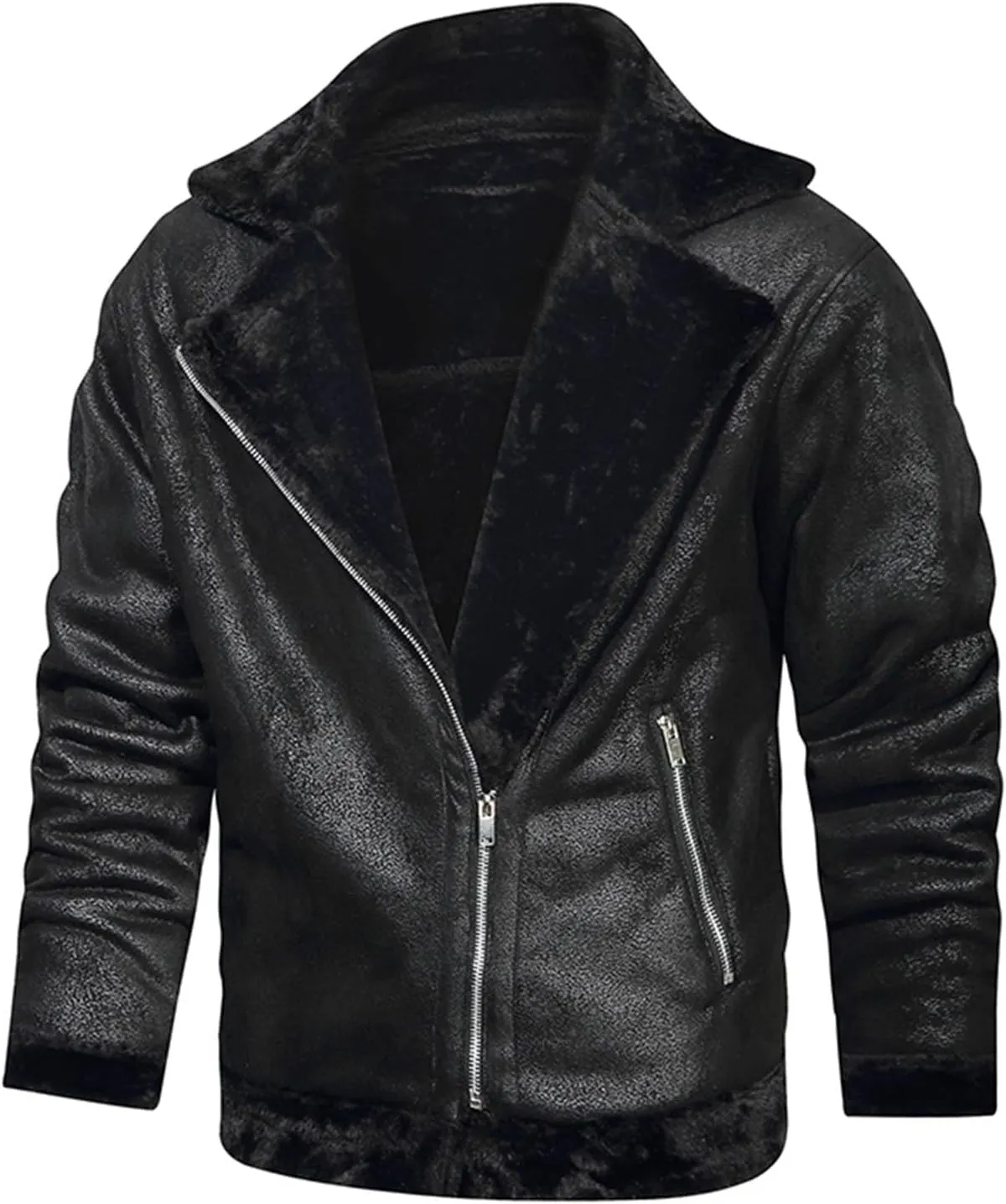 Men's Faux Leather Sherpa Bomber Jacket Lapel Fleece Lined Faux Leather Motorcycle Jackets Casual Warm Winter Coat