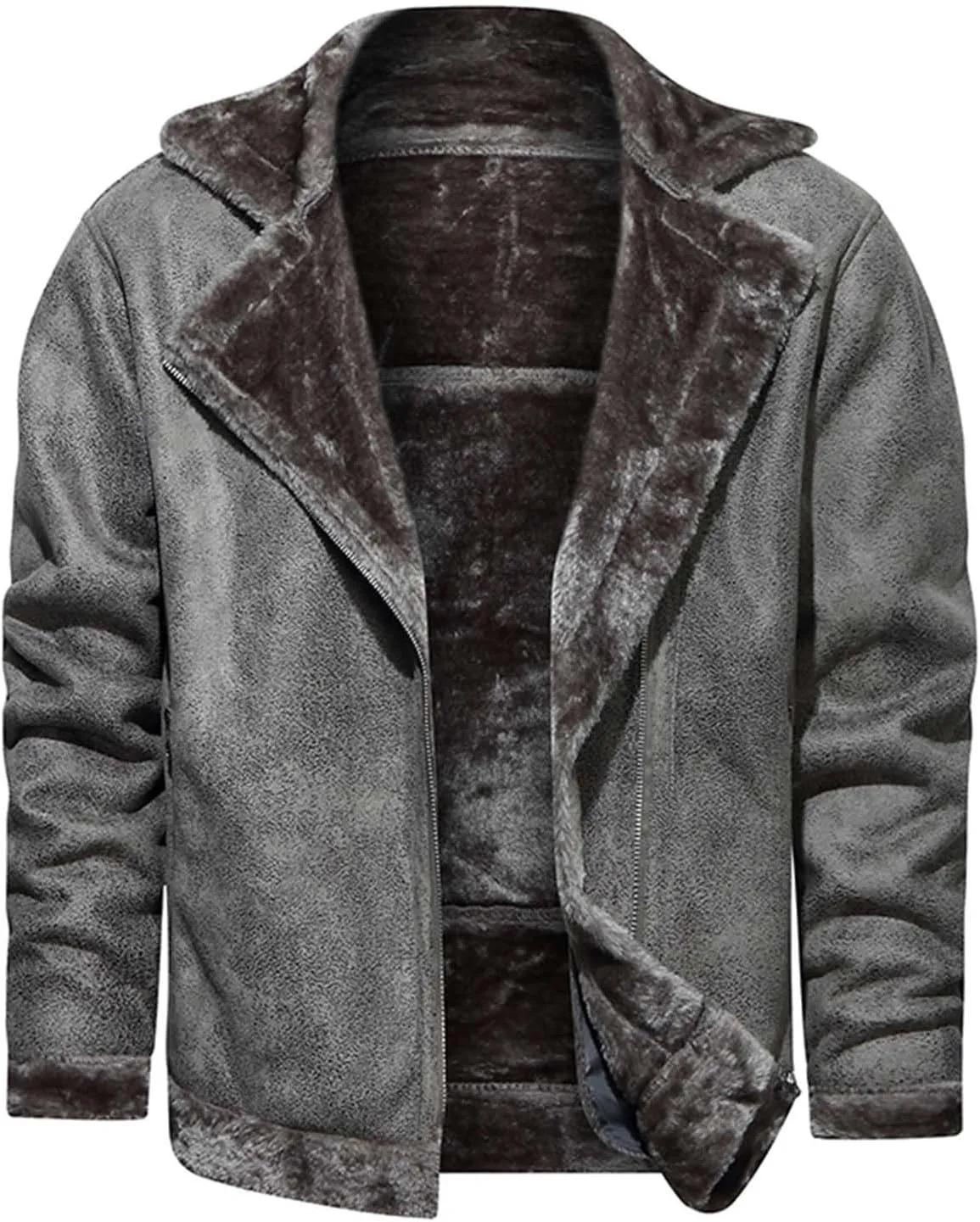 Men's Faux Leather Sherpa Bomber Jacket Lapel Fleece Lined Faux Leather Motorcycle Jackets Casual Warm Winter Coat