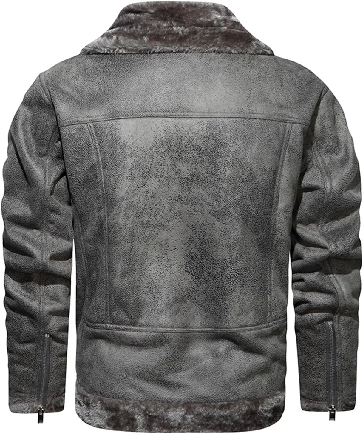 Men's Faux Leather Sherpa Bomber Jacket Lapel Fleece Lined Faux Leather Motorcycle Jackets Casual Warm Winter Coat