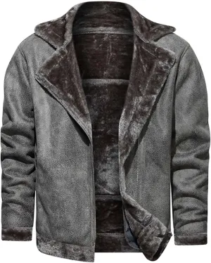 Men's Faux Leather Sherpa Bomber Jacket Lapel Fleece Lined Faux Leather Motorcycle Jackets Casual Warm Winter Coat