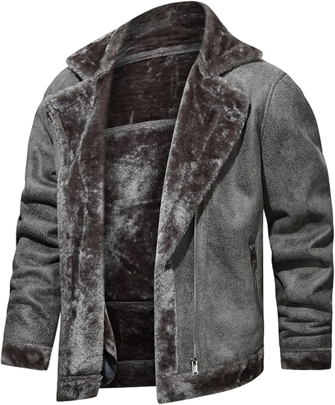 Men's Faux Leather Sherpa Bomber Jacket Lapel Fleece Lined Faux Leather Motorcycle Jackets Casual Warm Winter Coat