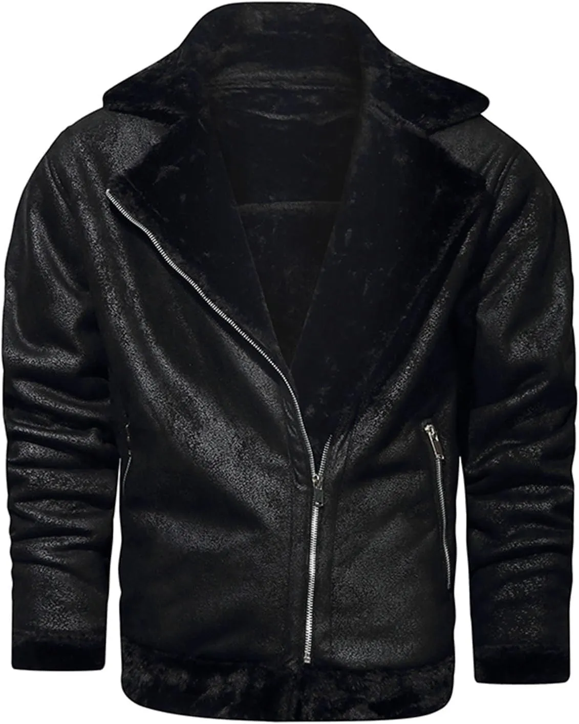 Men's Faux Leather Sherpa Bomber Jacket Lapel Fleece Lined Faux Leather Motorcycle Jackets Casual Warm Winter Coat