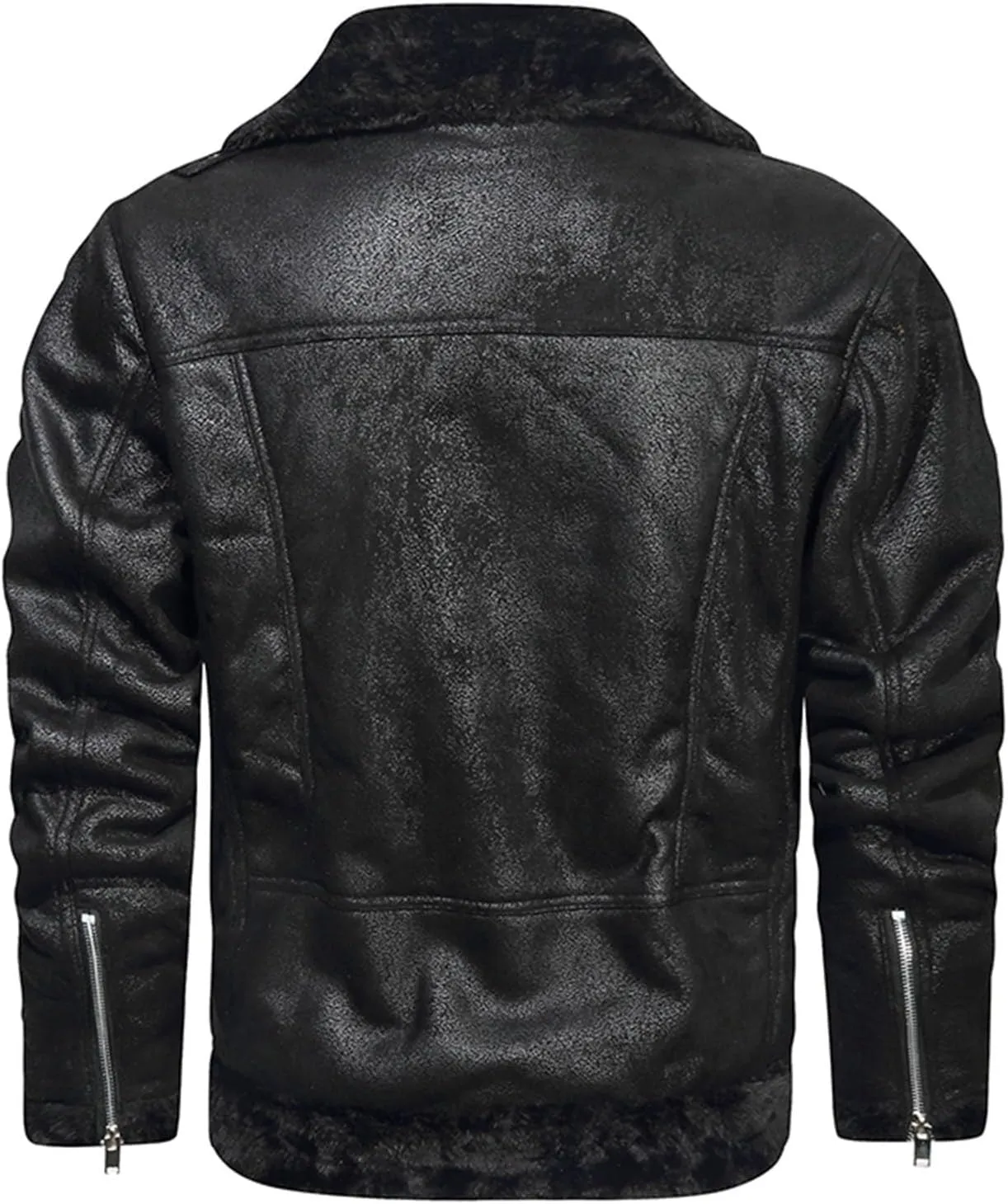 Men's Faux Leather Sherpa Bomber Jacket Lapel Fleece Lined Faux Leather Motorcycle Jackets Casual Warm Winter Coat