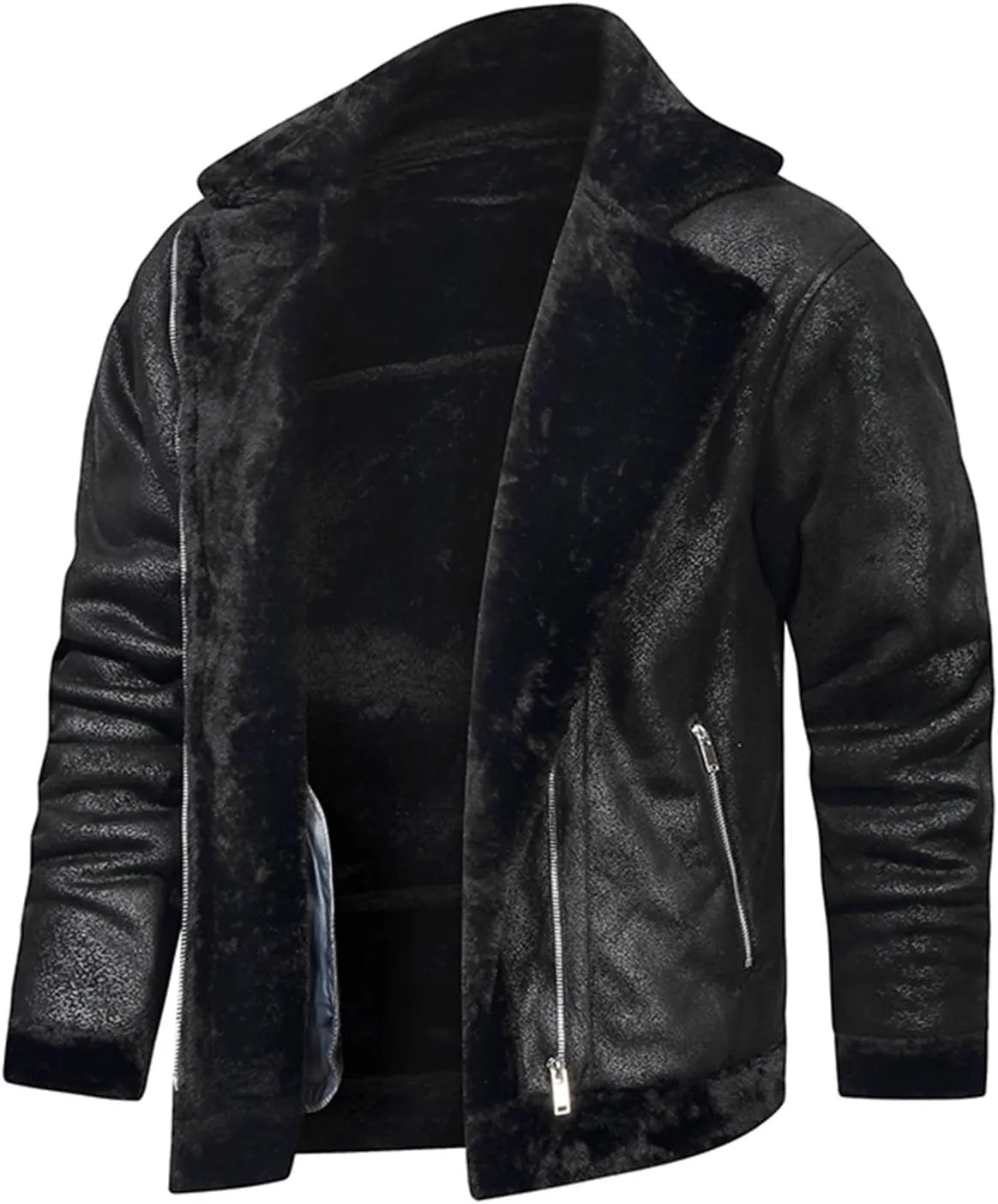 Men's Faux Leather Sherpa Bomber Jacket Lapel Fleece Lined Faux Leather Motorcycle Jackets Casual Warm Winter Coat