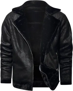 Men's Faux Leather Sherpa Bomber Jacket Lapel Fleece Lined Faux Leather Motorcycle Jackets Casual Warm Winter Coat