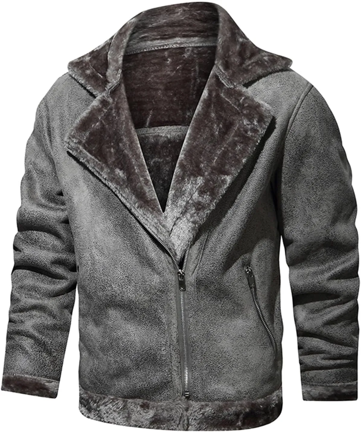 Men's Faux Leather Sherpa Bomber Jacket Lapel Fleece Lined Faux Leather Motorcycle Jackets Casual Warm Winter Coat