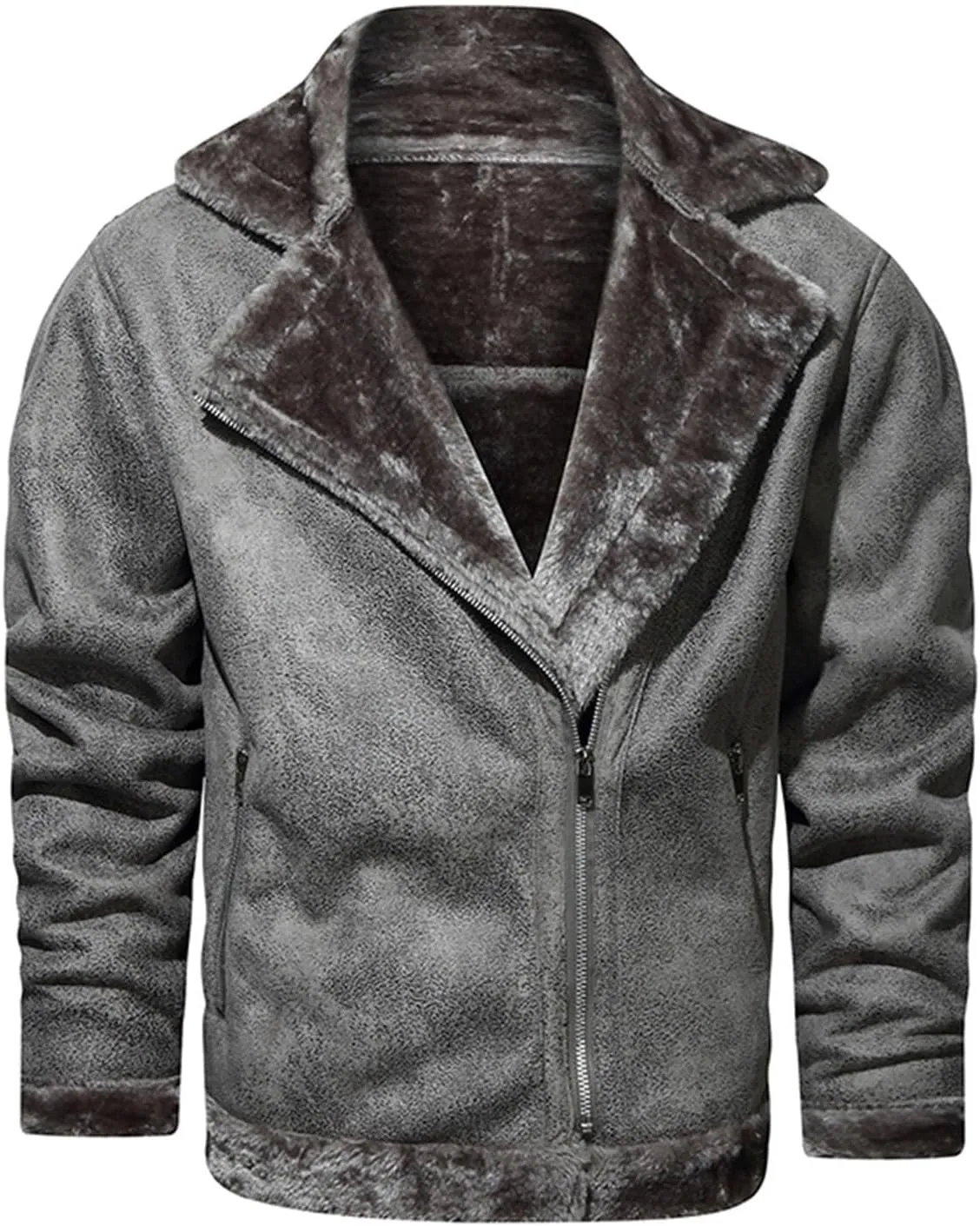 Men's Faux Leather Sherpa Bomber Jacket Lapel Fleece Lined Faux Leather Motorcycle Jackets Casual Warm Winter Coat