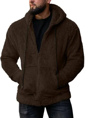 Men's Fuzzy Sherpa Athletic Hoodie Heavyweight Fleece Jacket Zip Up Hooded Sweatshirt Sports Coat Drawstring Outwear
