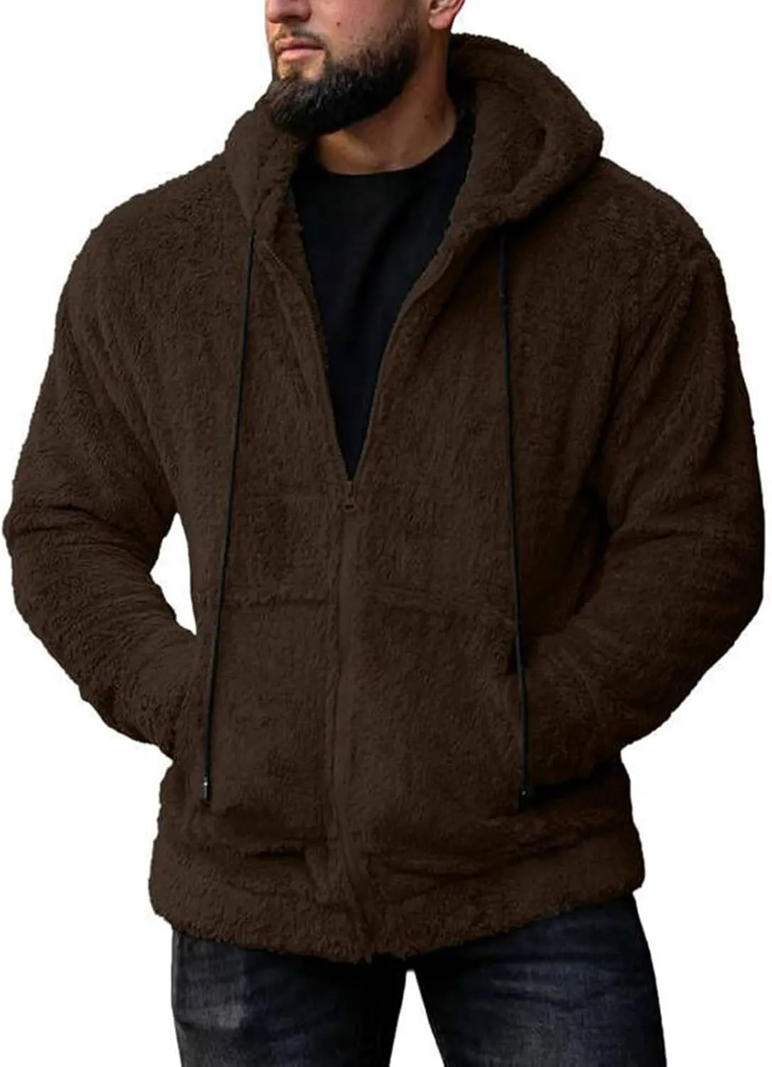 Men's Fuzzy Sherpa Athletic Hoodie Heavyweight Fleece Jacket Zip Up Hooded Sweatshirt Sports Coat Drawstring Outwear