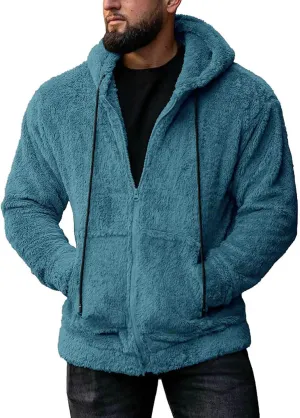 Men's Fuzzy Sherpa Athletic Hoodie Heavyweight Fleece Jacket Zip Up Hooded Sweatshirt Sports Coat Drawstring Outwear